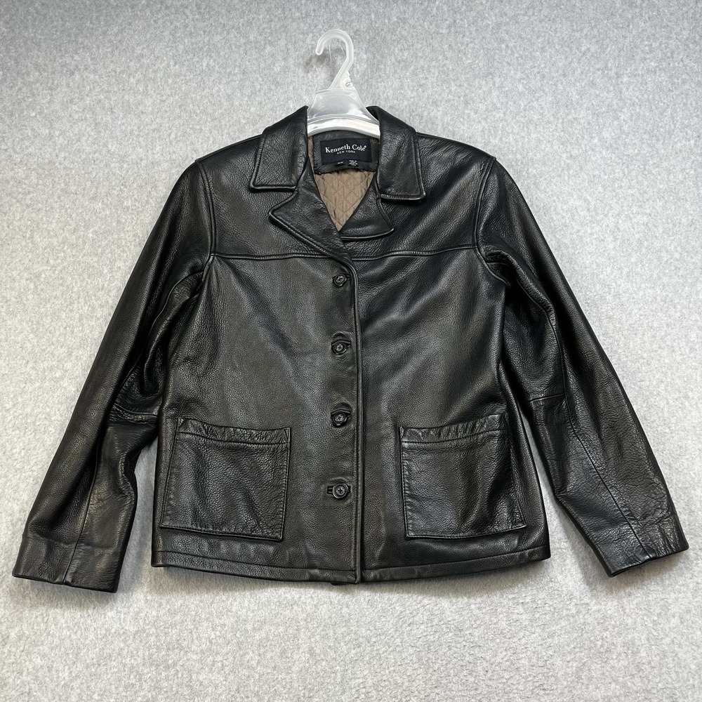 Vintage Kenneth Cole Leather Jacket Womens Medium Black Short Biker Shoulder Pad